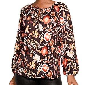 Belldini Womens Large Pullover Peasant Top Black Orange Floral Print
